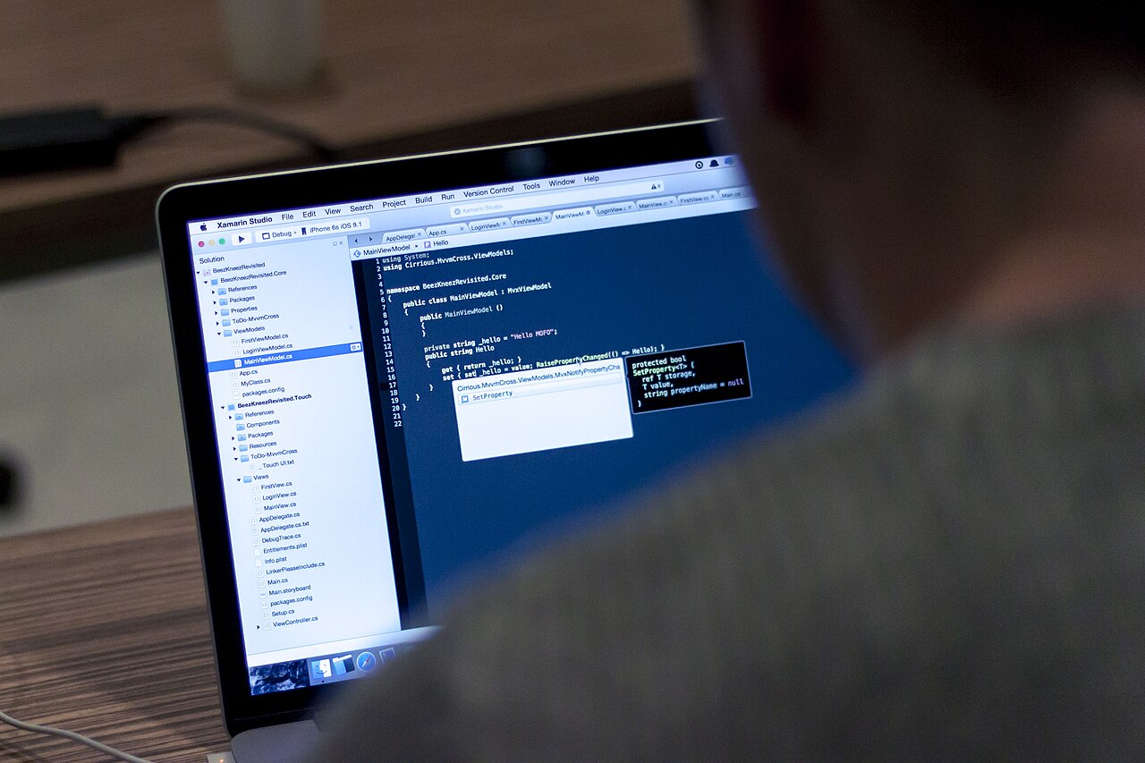 A developer works on source code displayed in an integrated development environment on a laptop.